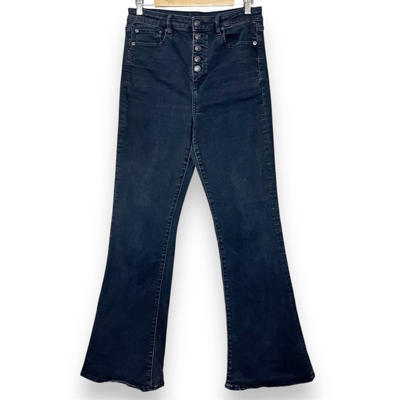 American Eagle Highest Rise Flare Jeans 10 washed black  stretch button fly - Picture 1 of 12